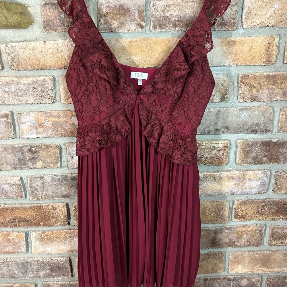 TOBI “Just Us Two” Pleated Lace Wine Skater Dress - Picture 9 of 12